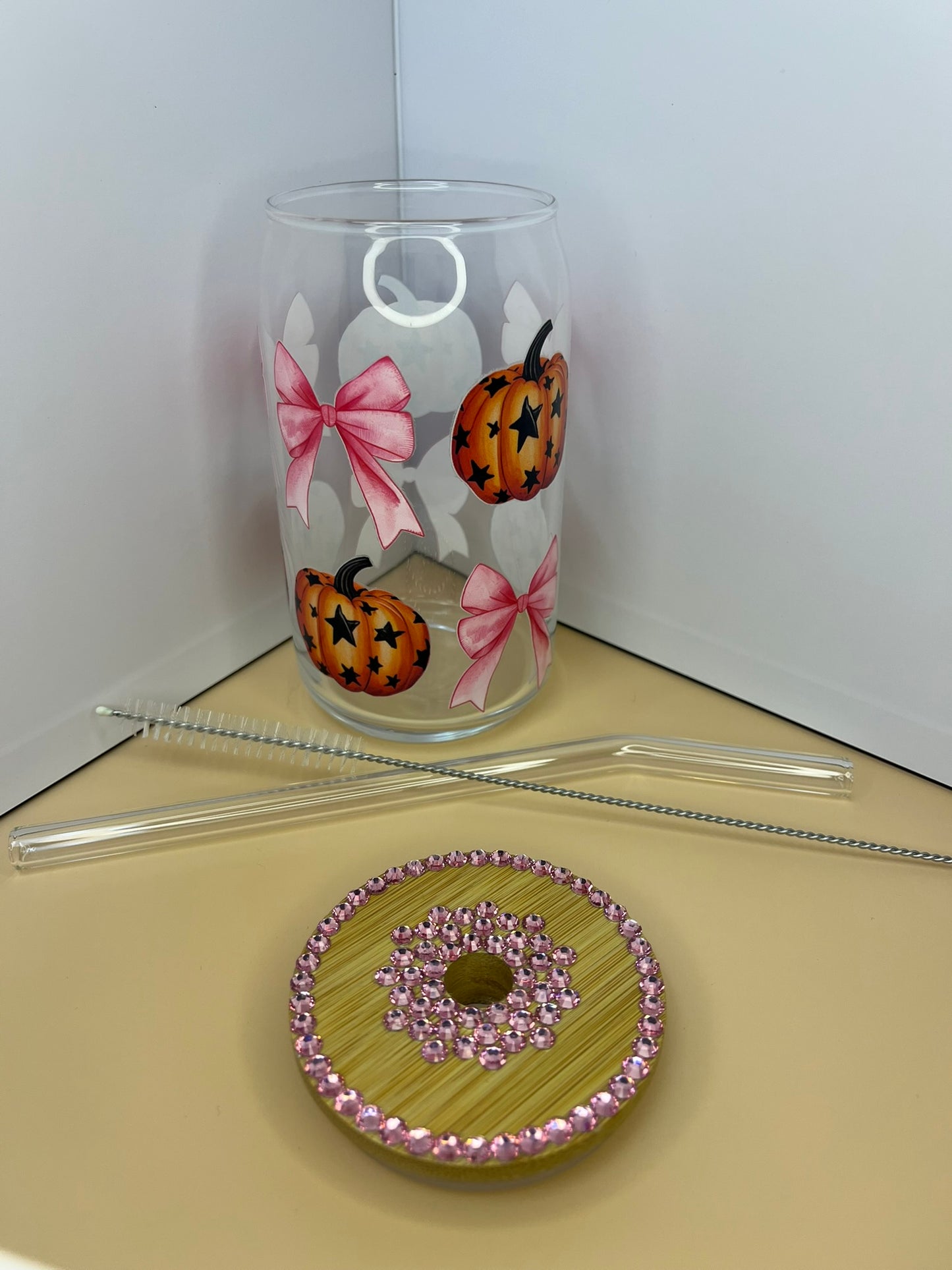 Glass Beer Can 16 oz - Pumpkins and Ribbons $15.00